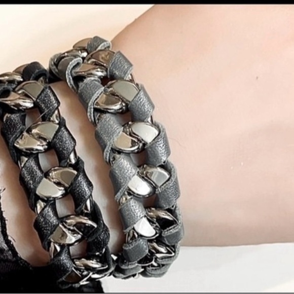 J Elliot SET OF 2 Silver Tone ChunkyCurb Chain Black & Grey Leather Bracelets